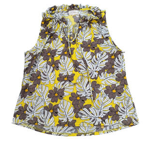 Melloday Ruffled Neck Floral Tank Top Women's Medium Yellow Brown Sleeveless